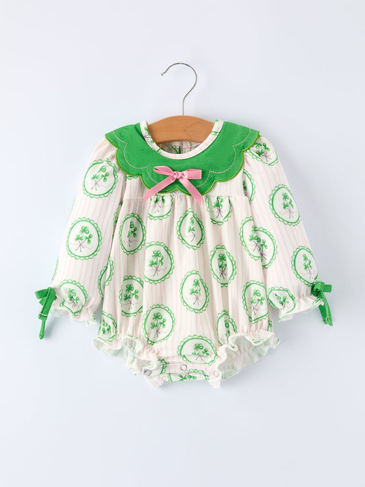 St. Patrick's Day Shamrock Striped Long Sleeve Baby Girl Romper