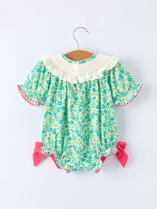 St. Patrick’s Day Shamrock Bow Smocked Baby Girl Romper
