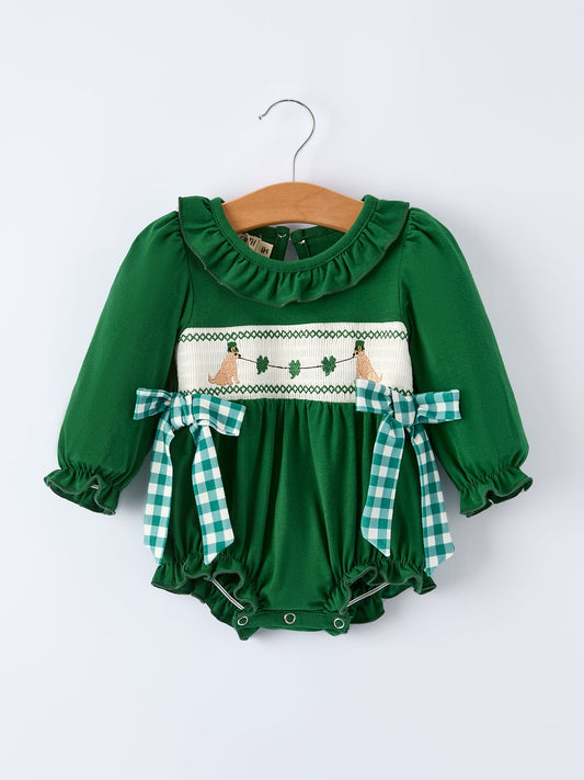 Girls St. Patrick’s Day Shamrock Puppy Smocked Romper