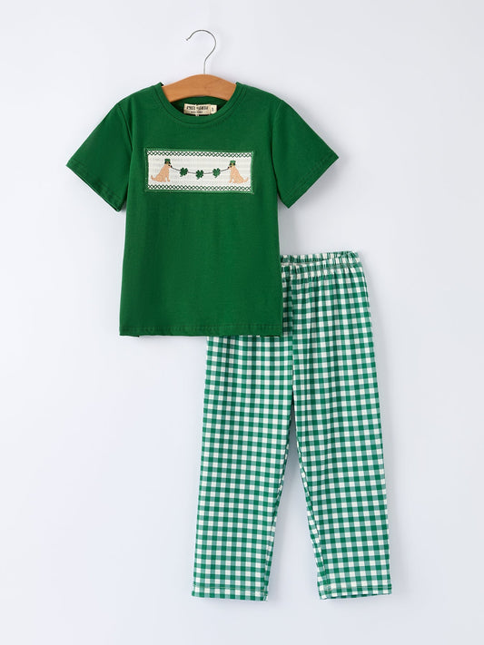 Boys St. Patrick’s Day Shamrock Puppy Smocked Plaid Set