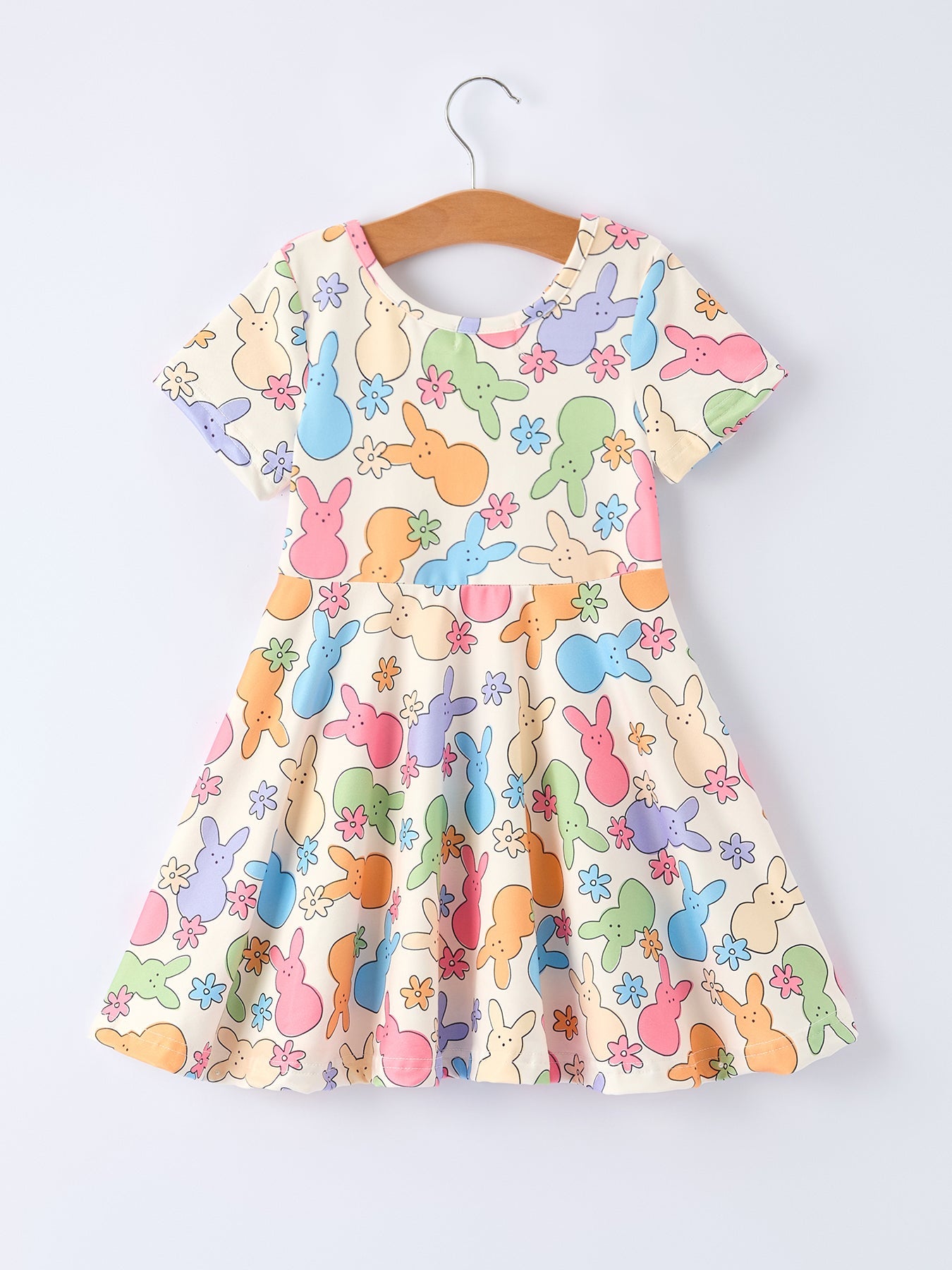 Easter Colorful Bunny Girls Twirl Short-sleeved Dress