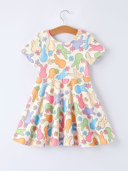 Easter Colorful Bunny Girls Twirl Short-sleeved Dress