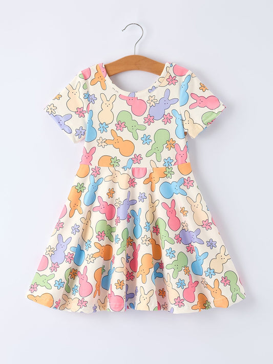 Easter Colorful Bunny Girls Twirl Short-sleeved Dress