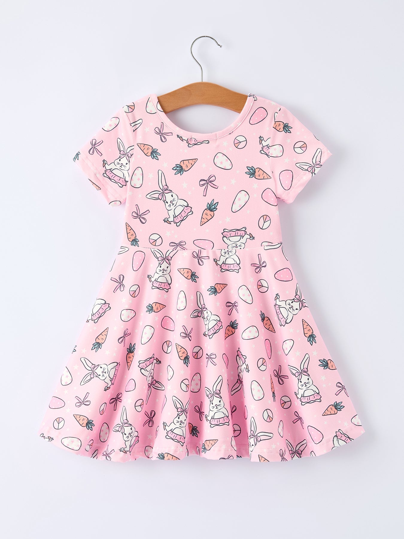 Pink Easter Bunny Carrot Print Girls Short Sleeve Dress