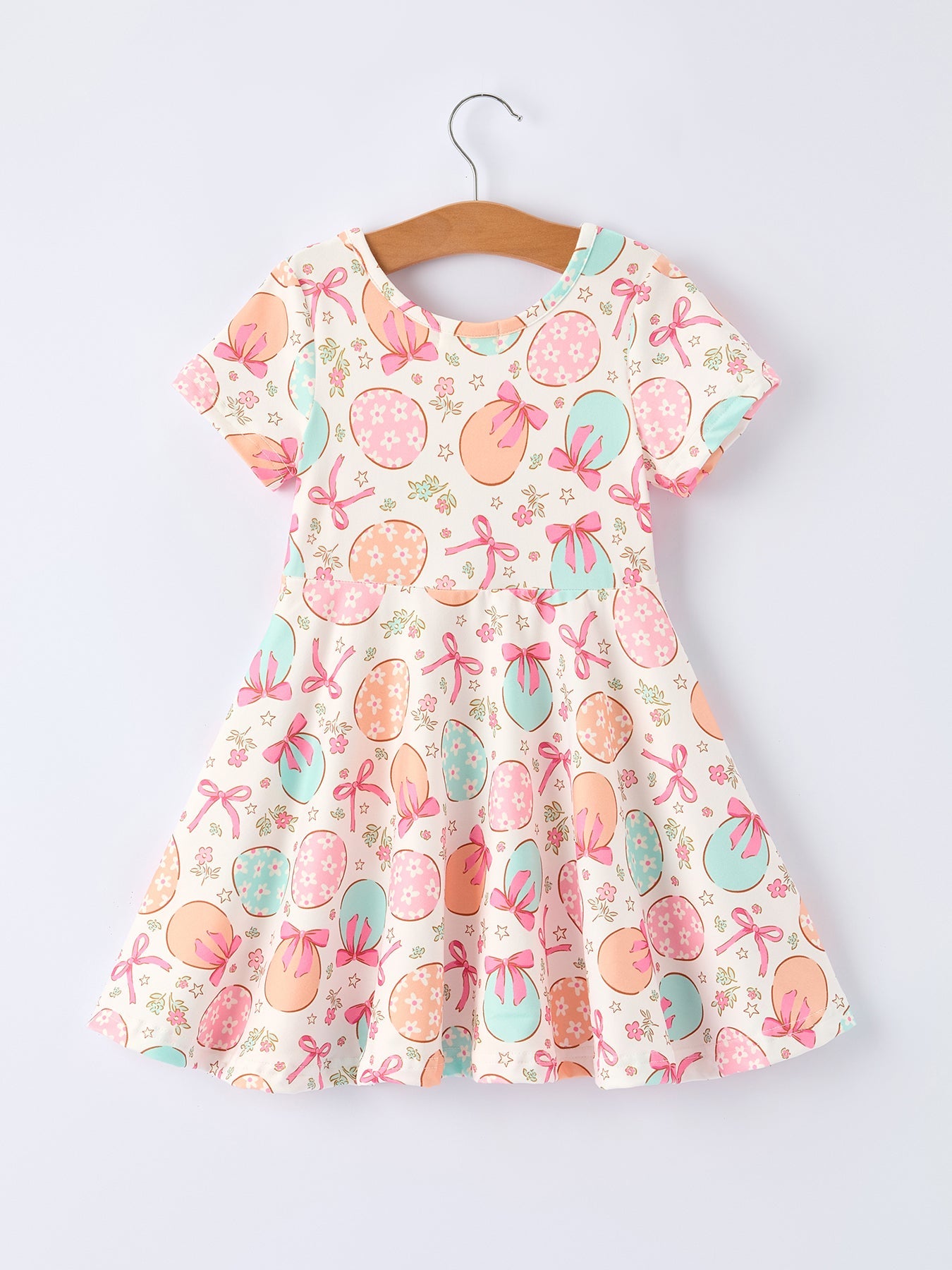 Easter Egg Bow Print Girls Short Sleeve Dress