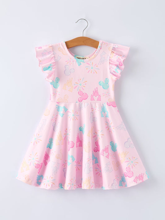 Spring Pink Theme Park Print Girls Twirl Dress