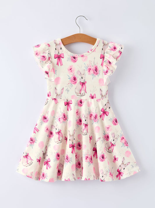 Easter Pink Bow Bunny and Rose Print Girls Dress