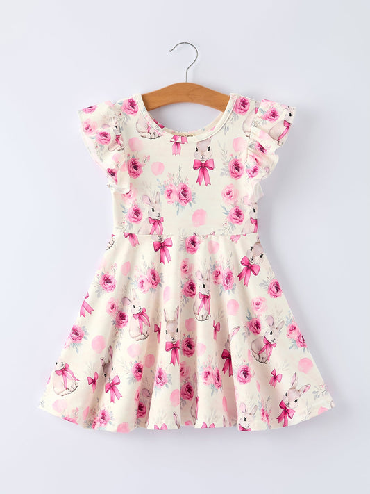 Easter Pink Bow Bunny and Rose Print Girls Dress