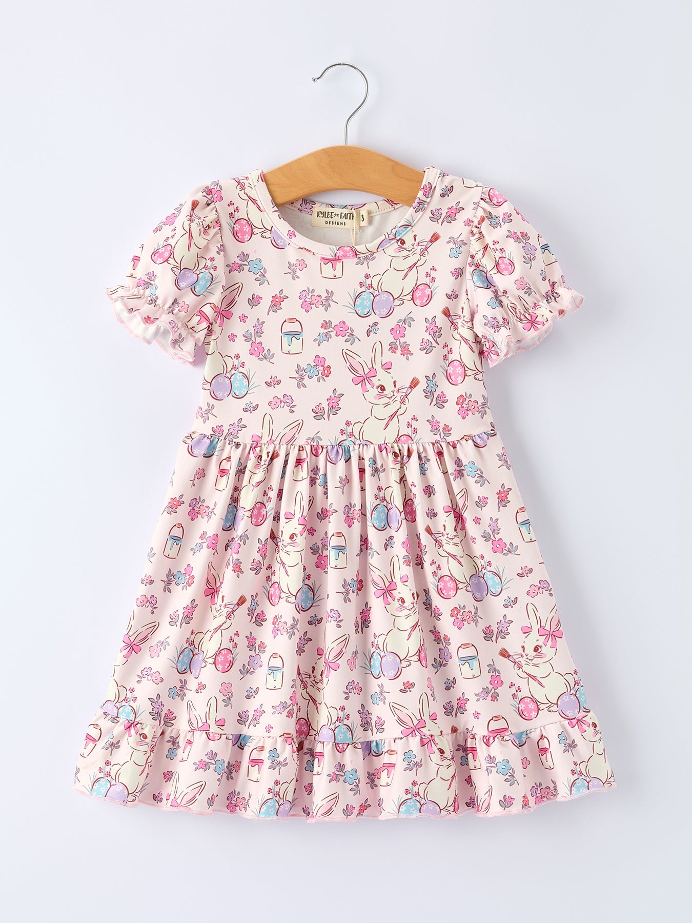 Easter Floral Bunny Girls Ruffle Hem Dress
