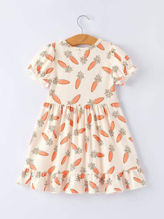 Easter Carrot Print Girls Ruffle Hem Dress
