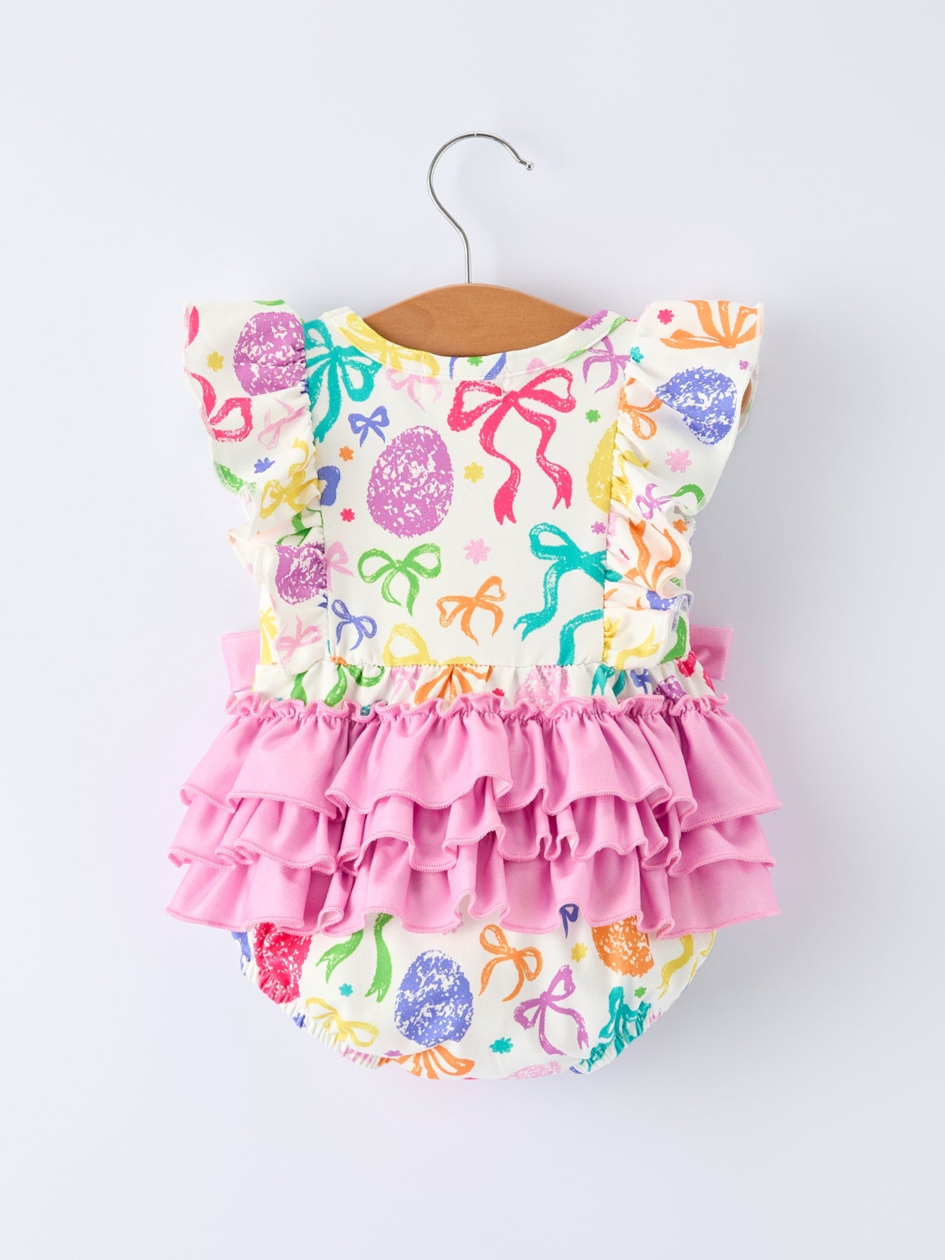 Rainbow Easter Egg Print Bow Baby Girls Romper