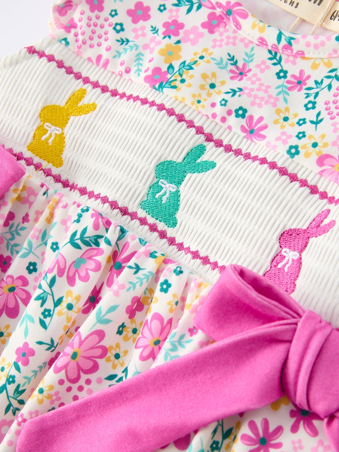 Easter Colorful Floral Bunny Bow Smocking Embroidery Baby Girl Romper