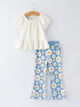 White Top And Daisy-Print Flared Pants Girl's Spring Outfit