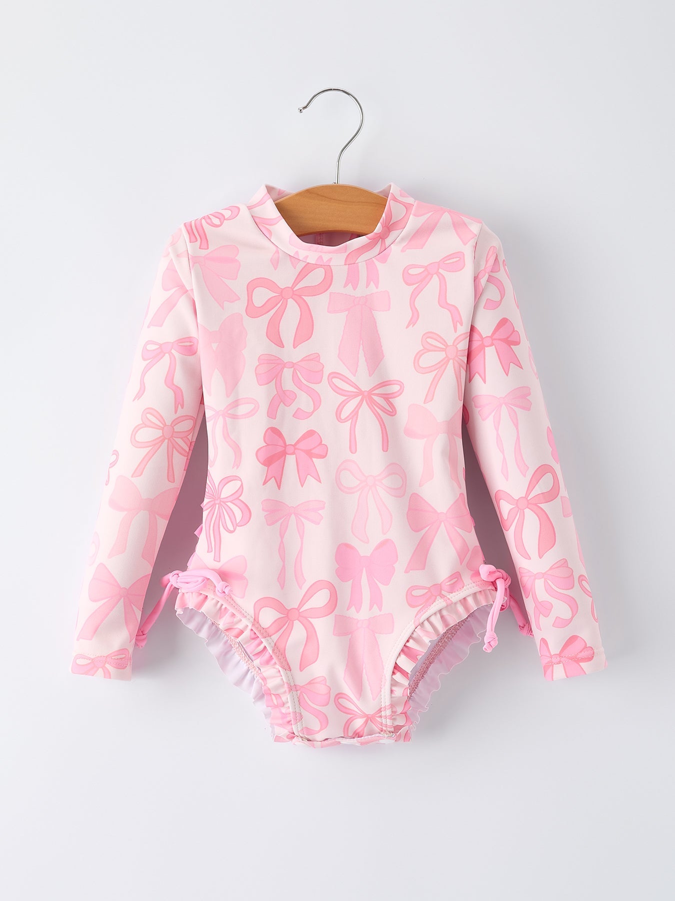 Summer Bow Print Girls Long Sleeve Ruffle One Piece Swimsuit