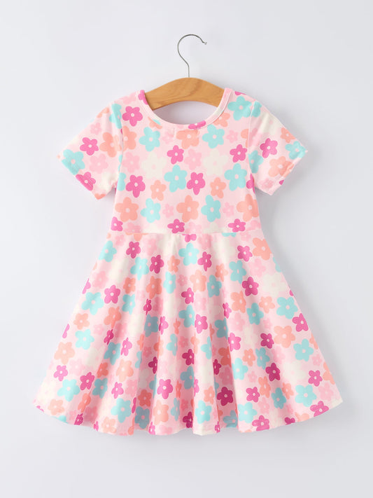 Girl Colorful Floral Short Sleeve Spring Dress