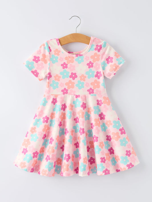 Girl Colorful Floral Short Sleeve Spring Dress