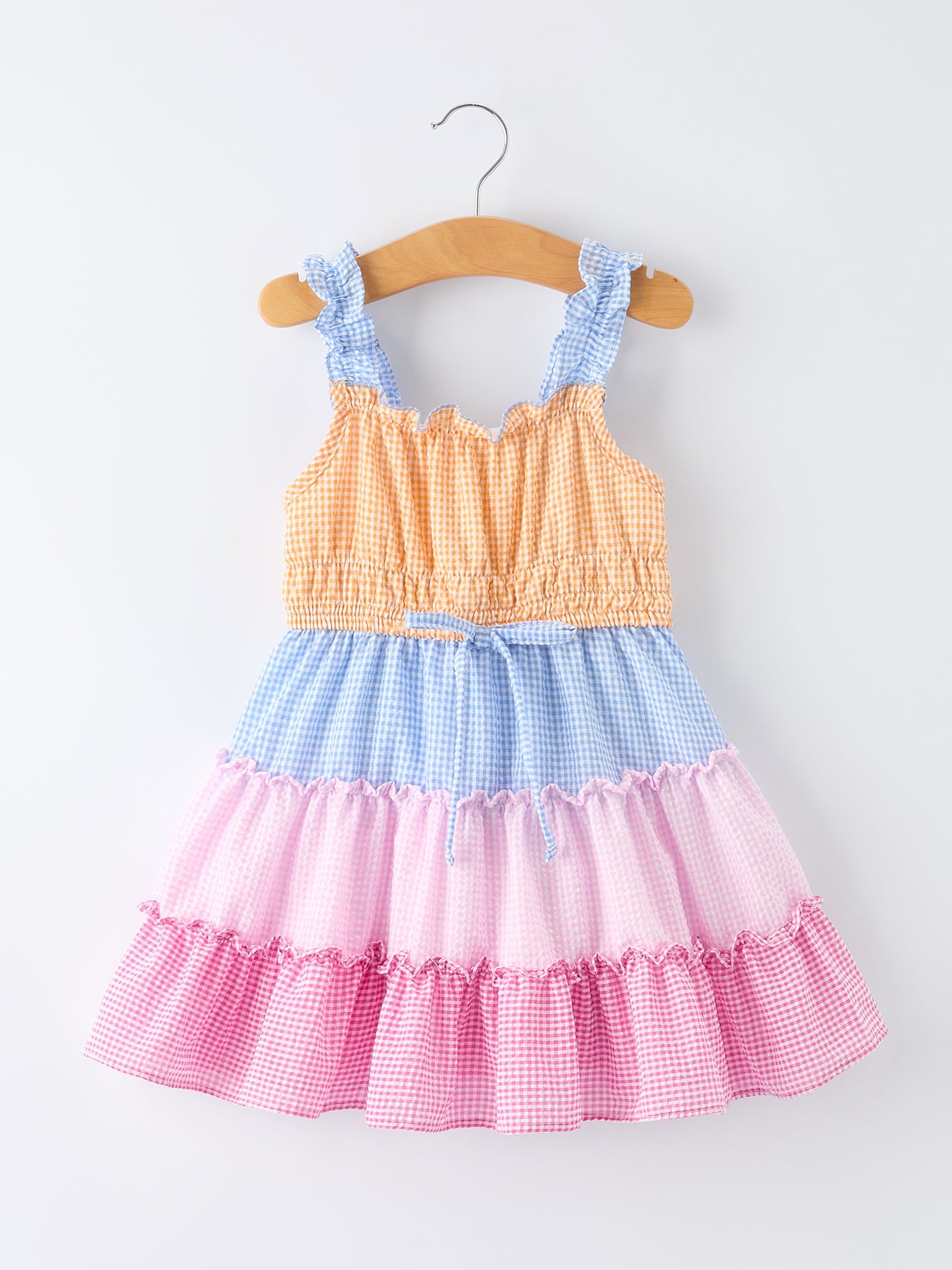Colorblock Gingham Girls Summer Ruffle Dress