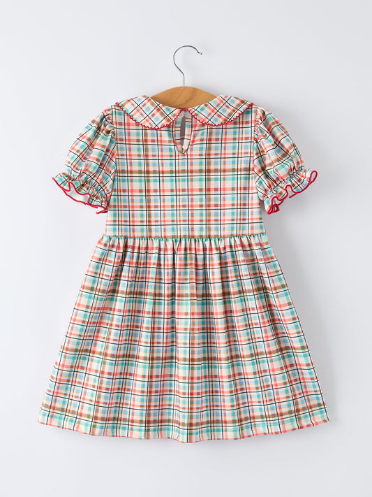 Back to School Plaid Girls Dress Apple Applique Peter Pan Collar