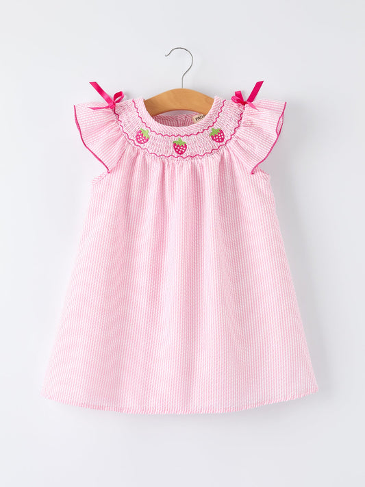 Strawberry Smocked Girl Dress Bow Ruffle