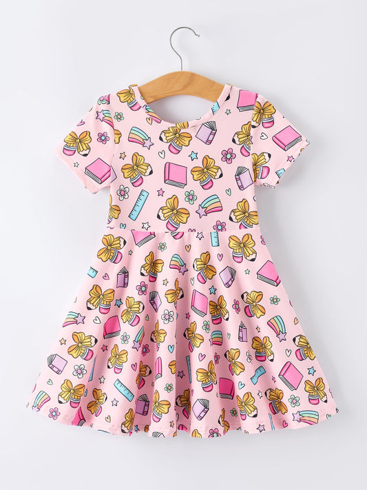 Back to School Print Girls Dress Short Sleeve