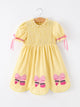 Girls Back To School Pencil Twirl Yellow Dress Bow Applique Smocked