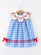 Girls 4th of July Plaid Twirl Dress Bow Embroidery Petals Collar