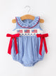 Girls 4th of July Plaid Romper Bow Smocked Embroidery