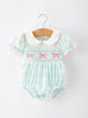Spring Plaid Bow Girls Romper Smocked Petals Collar Puff Sleeve