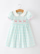 Spring Plaid Bow Girls Dress Smocked Petals Collar Puff Sleeve
