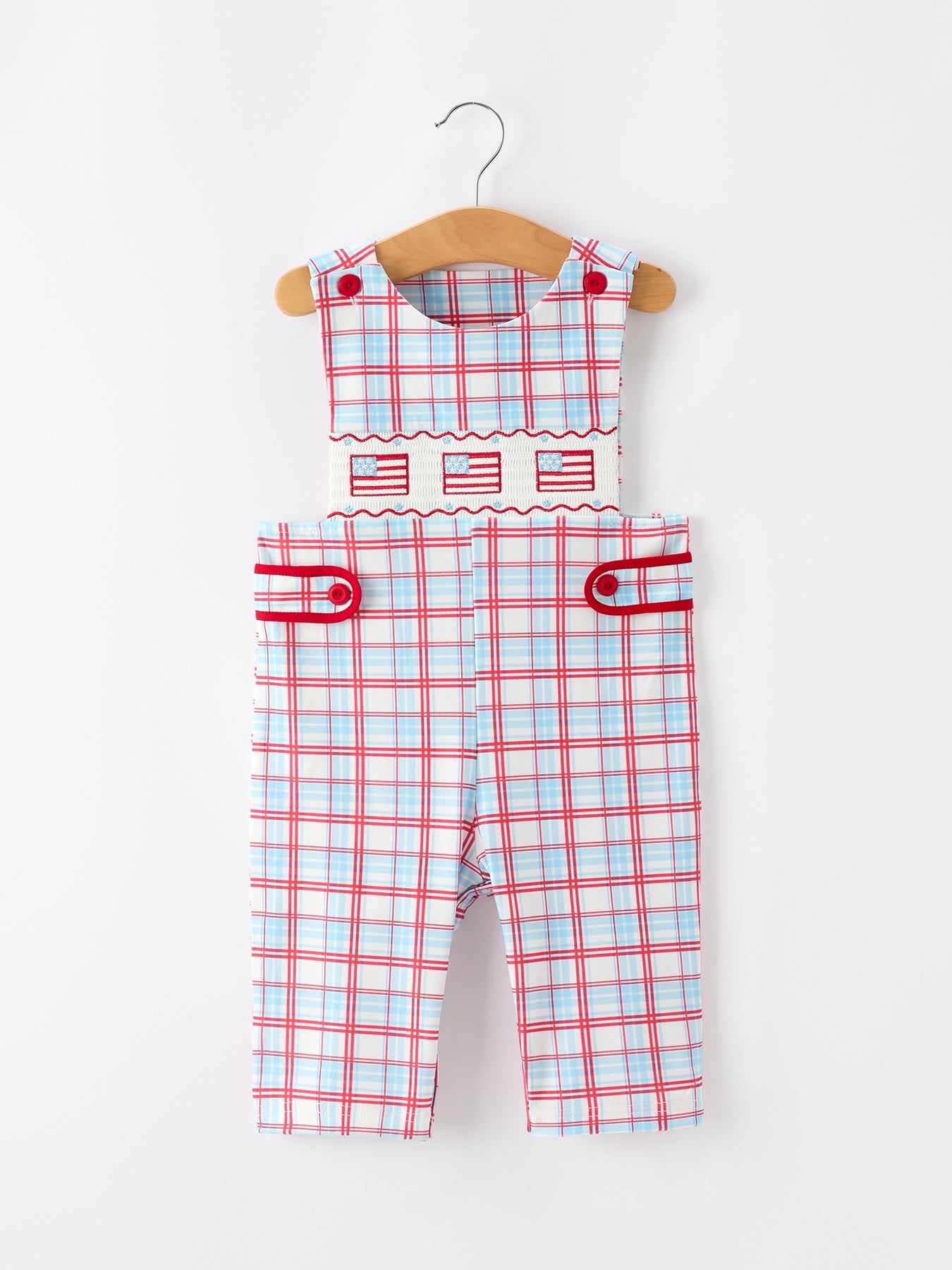 4th of July Plaid Boys Romper Smocked Flag Button Strap