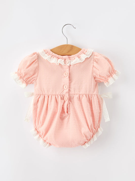 Western Horse Embroidery Girls Romper Lace Petals Collar Puff Sleeve