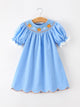 Blue Fall Thanksgiving&Halloween Pumpkin Smock Embroidery Lace Baby Girl Dress