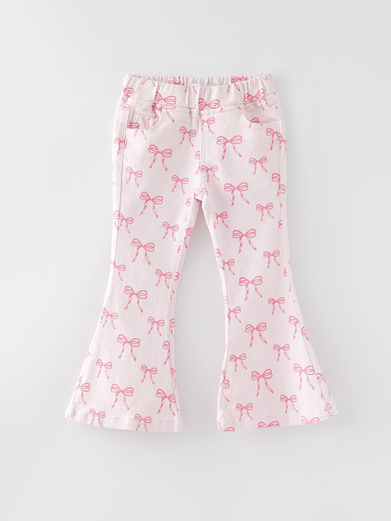 Girls Pink Bow Print Elastic Flared Jeans Denim pant