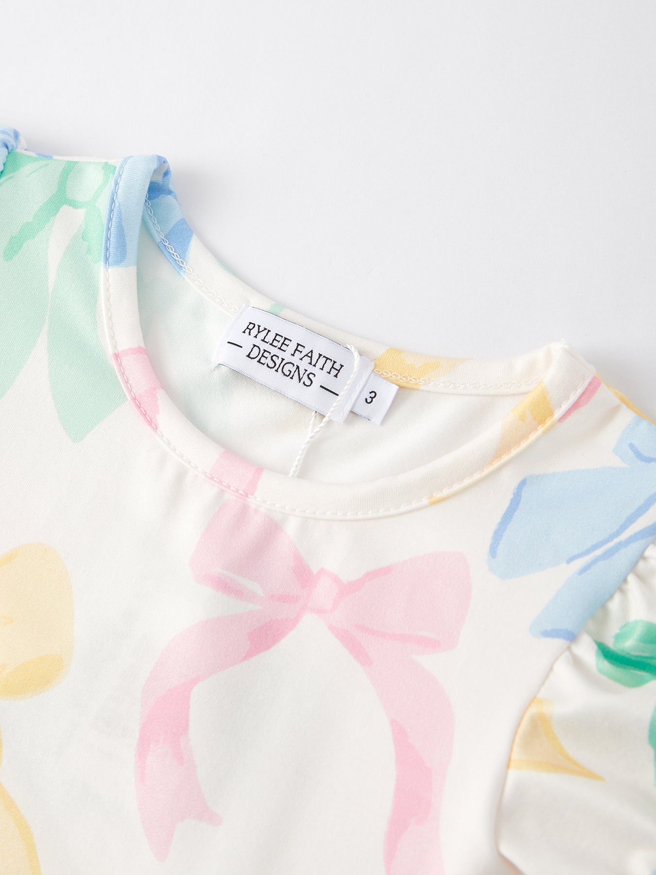 Colorful Bow Print Puff Sleeves Girls Dress