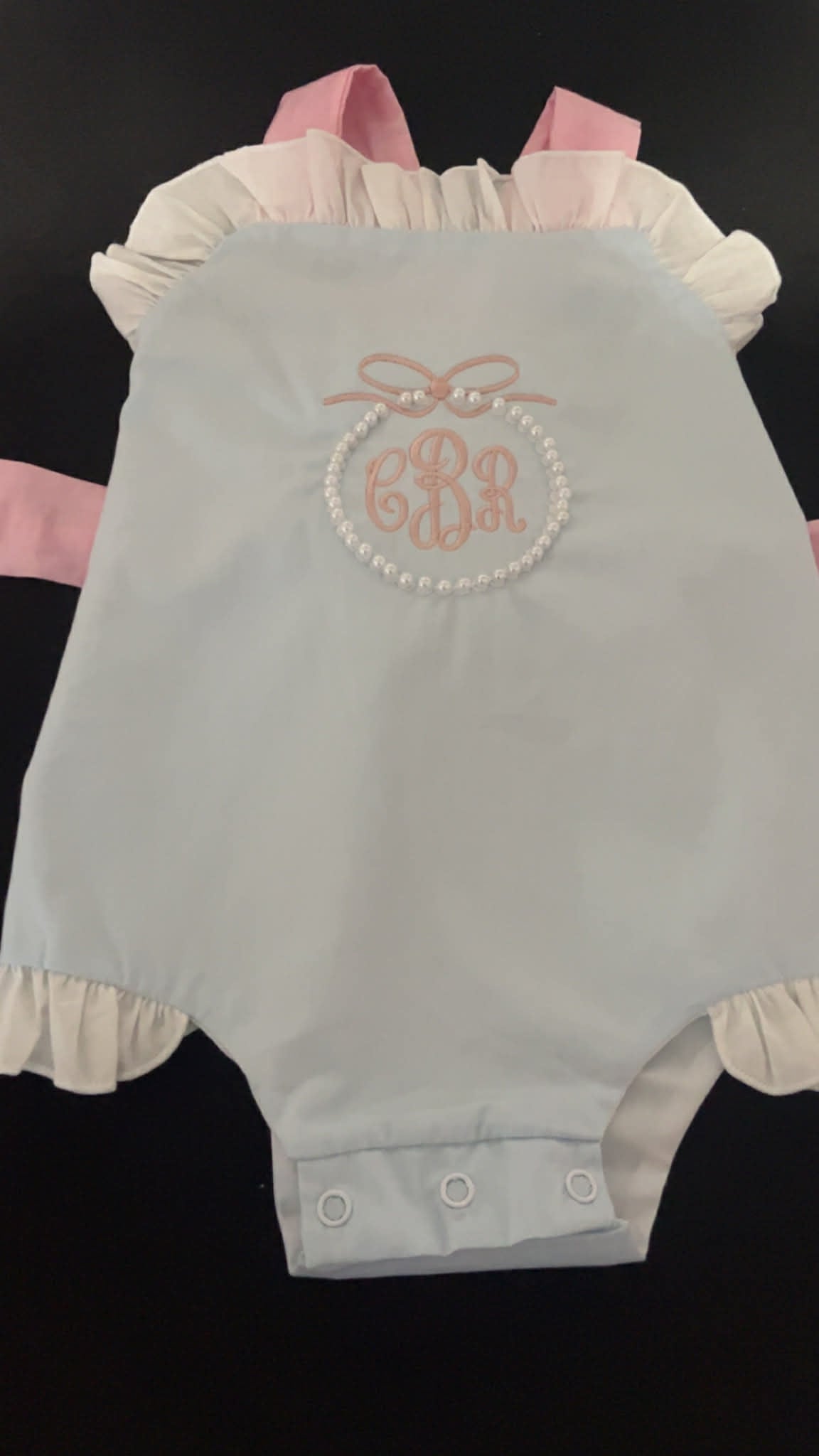 Monogrammed Ruffle Sunsuit w/ hand sewn pearls