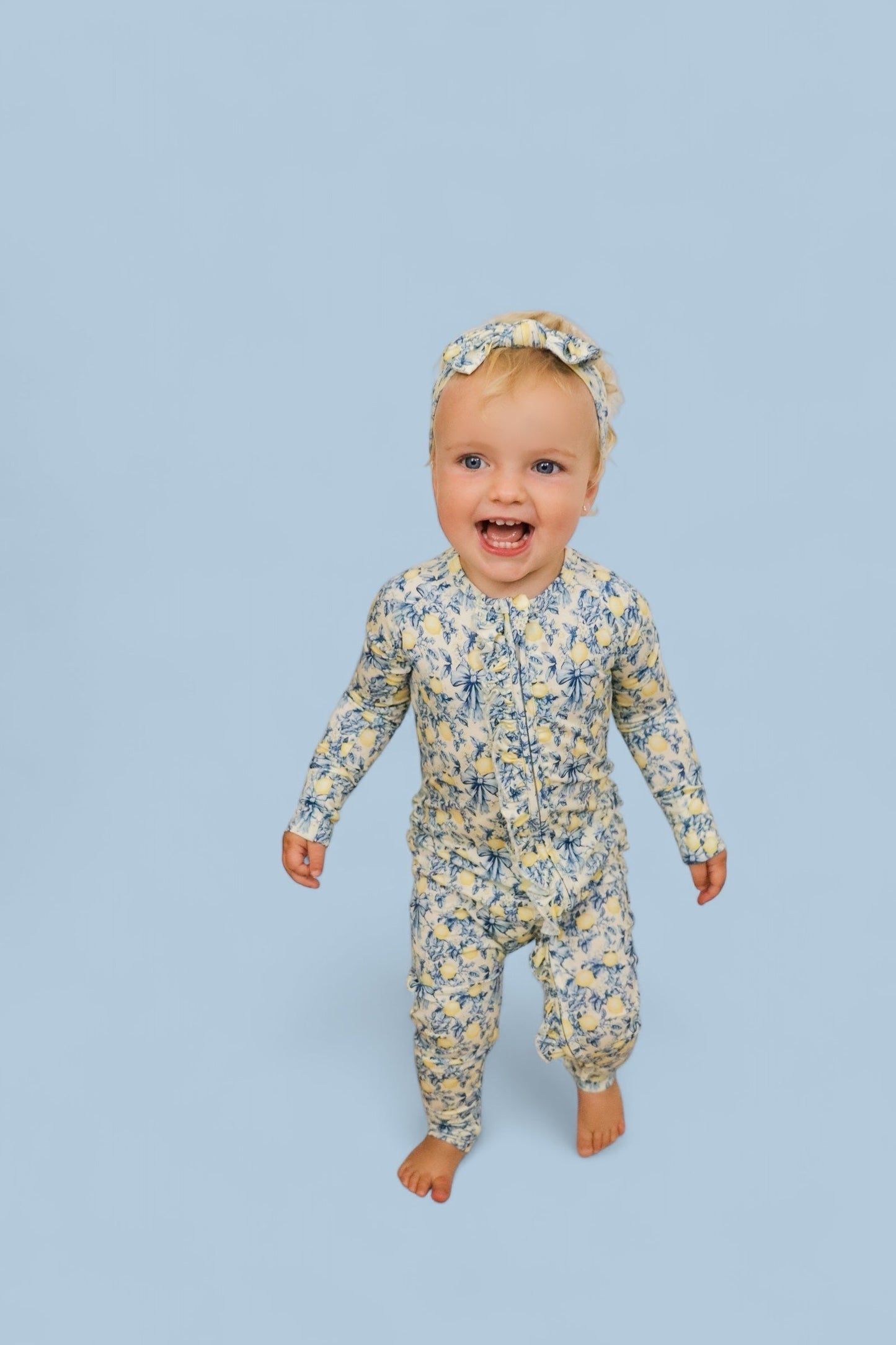 VINTAGE CITRUS TOILE DREAM RUFFLE ROMPER