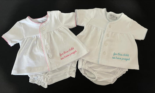 “For this child we have prayed” diaper set