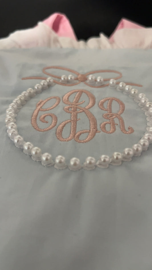 Monogrammed Ruffle Sunsuit w/ hand sewn pearls