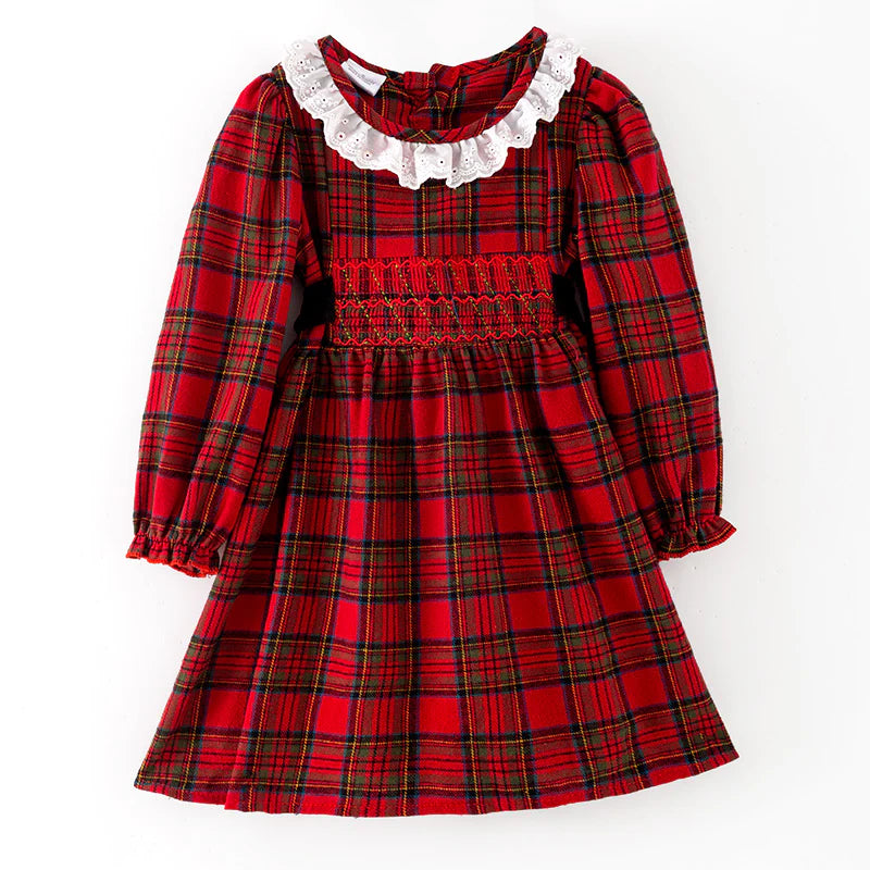 Red Plaid Cotton Smocked Dress