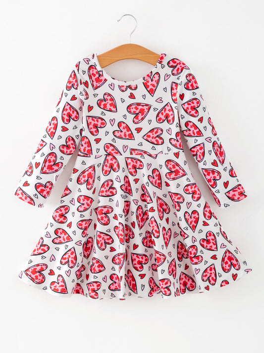 Girls Valentine Party Red Heart Print Dress