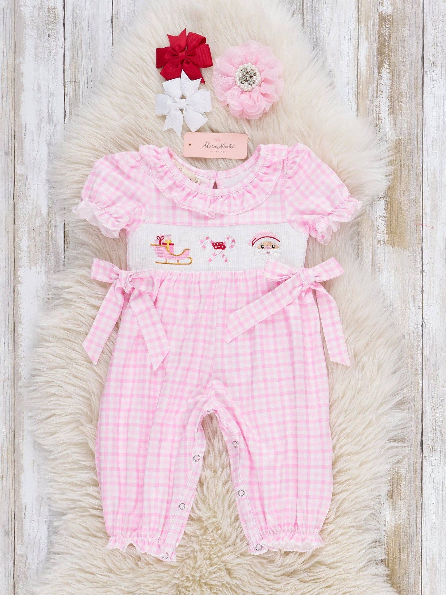 Pink Christmas Eve Smocked Plaid Romper