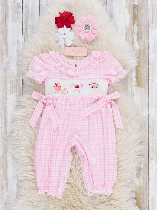 Pink Christmas Eve Smocked Plaid Romper