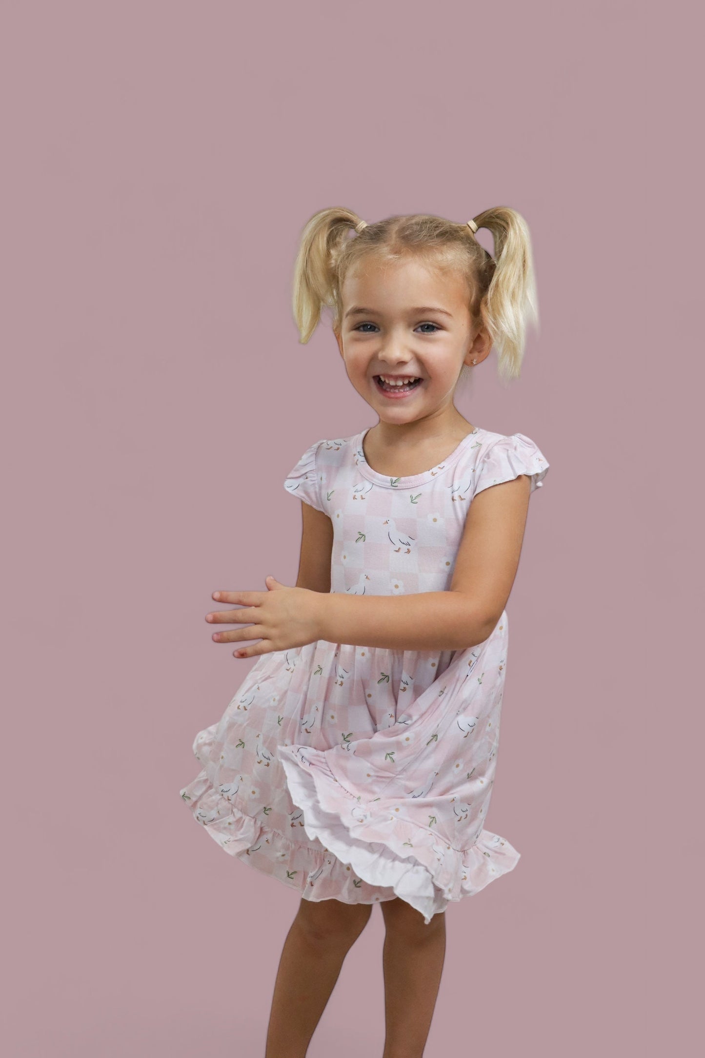 EXCLUSIVE DUCKS AND DAISIES DREAM CAP SLEEVE RUFFLE DRESS