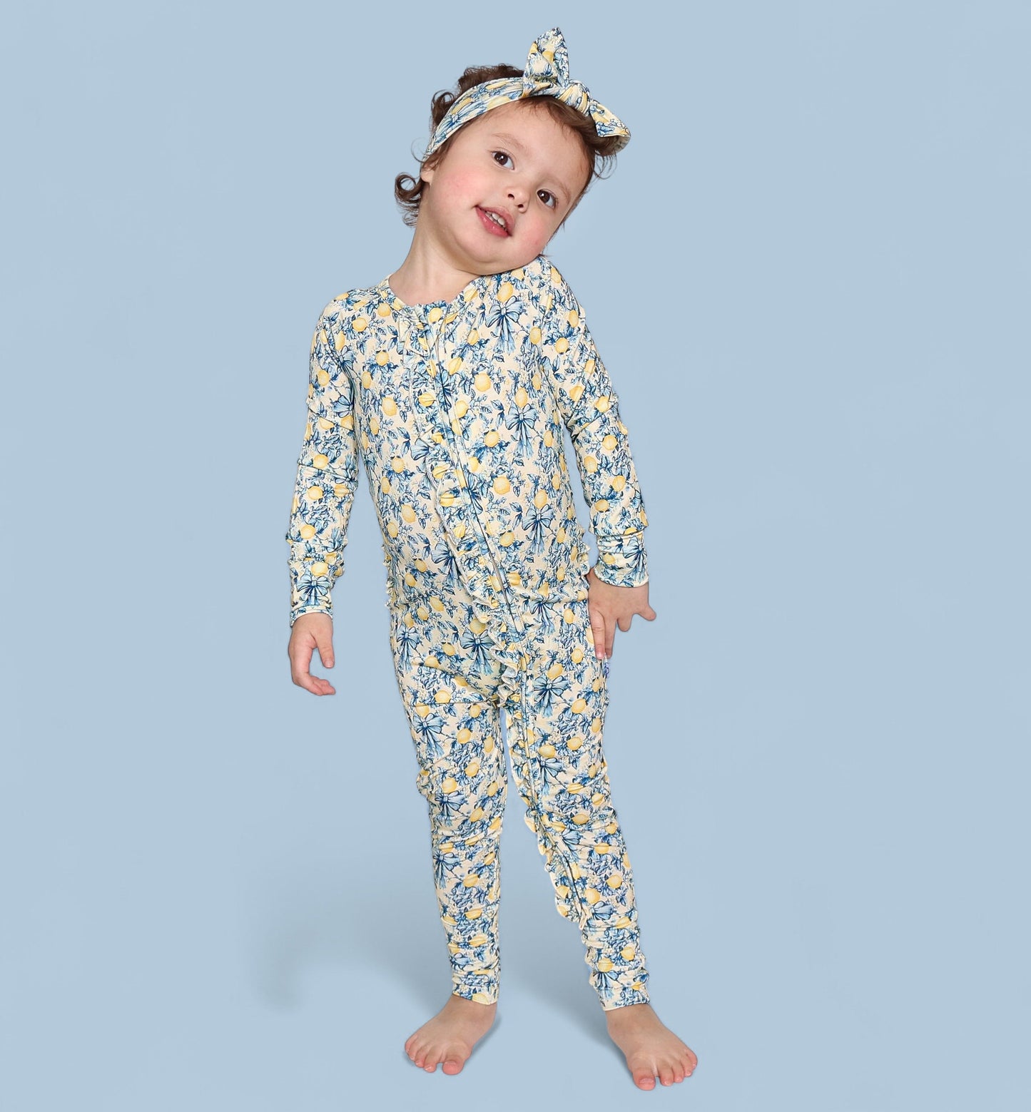 VINTAGE CITRUS TOILE DREAM RUFFLE ROMPER