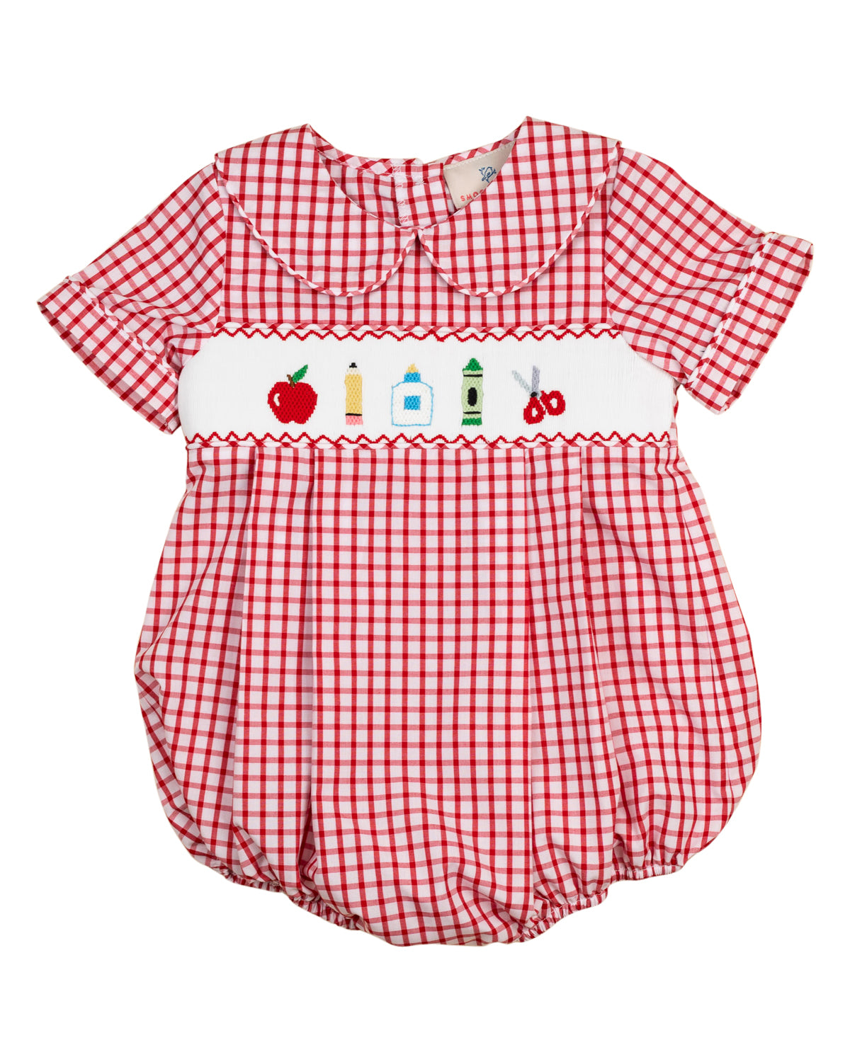 School Supplies Smocked Red Windowpane Boy Bubble