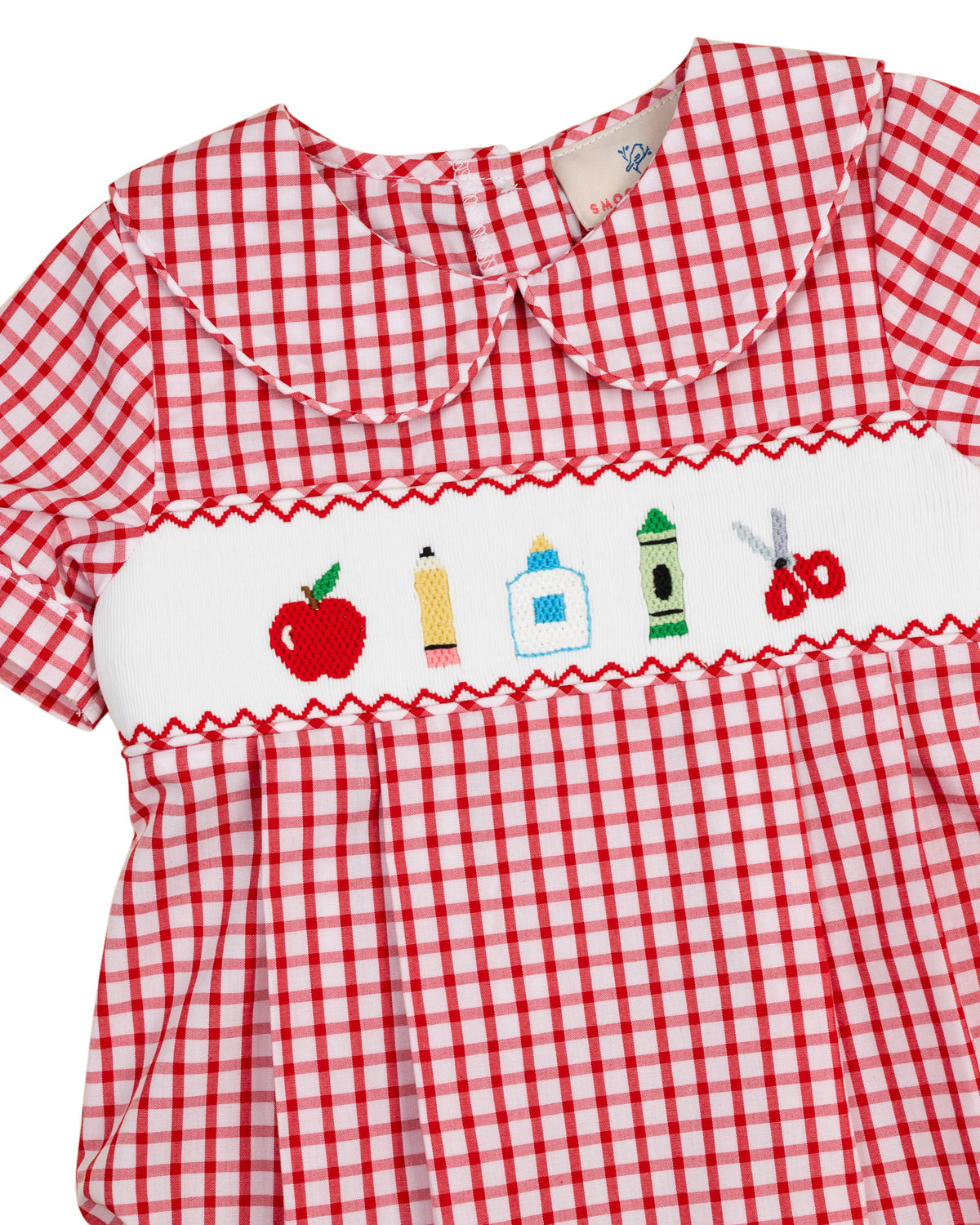 School Supplies Smocked Red Windowpane Boy Bubble