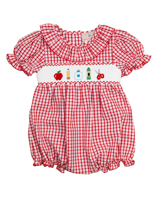 School Supplies Smocked Red Windowpane Girl Bubble