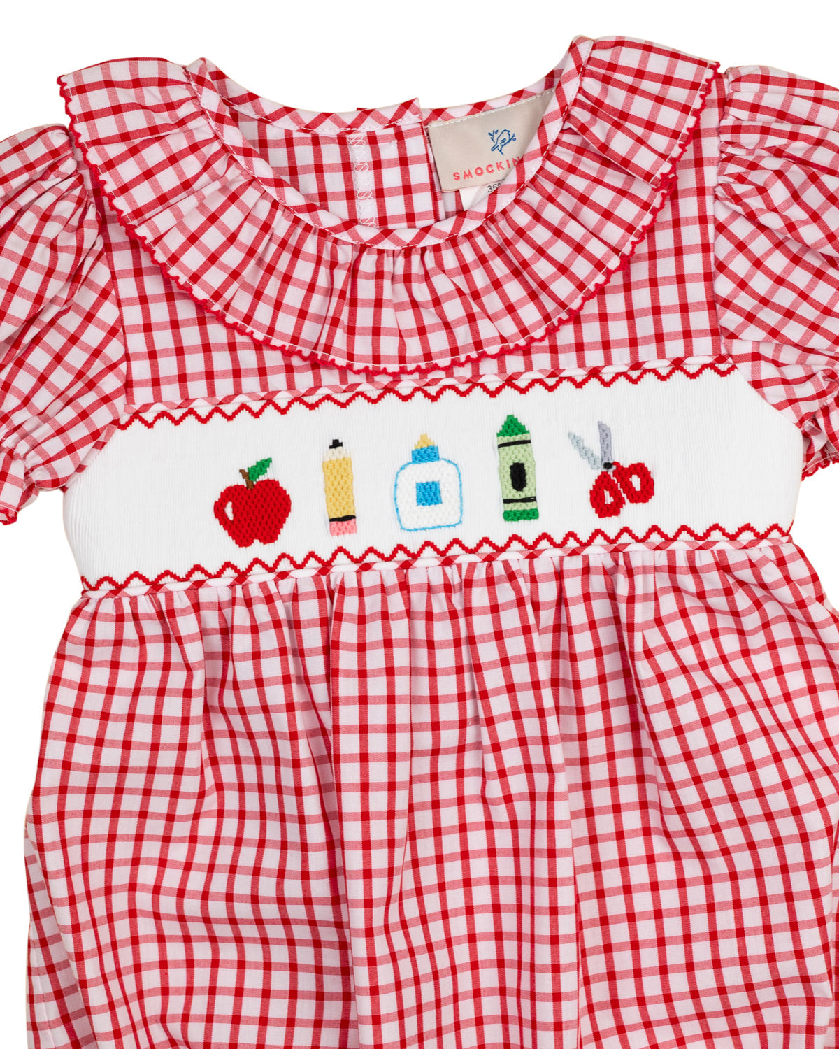 School Supplies Smocked Red Windowpane Girl Bubble