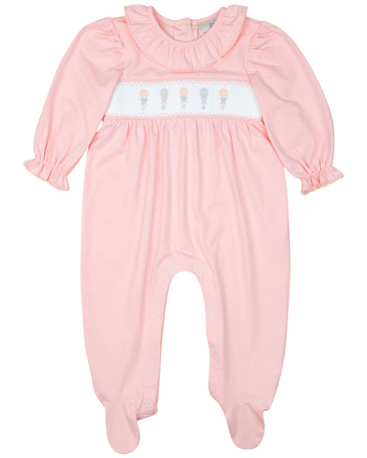 Baby Rattle Smocked Knit Onesie In Pink