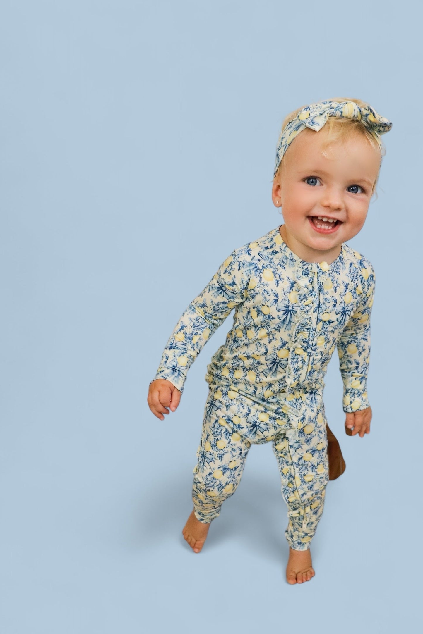 VINTAGE CITRUS TOILE DREAM RUFFLE ROMPER